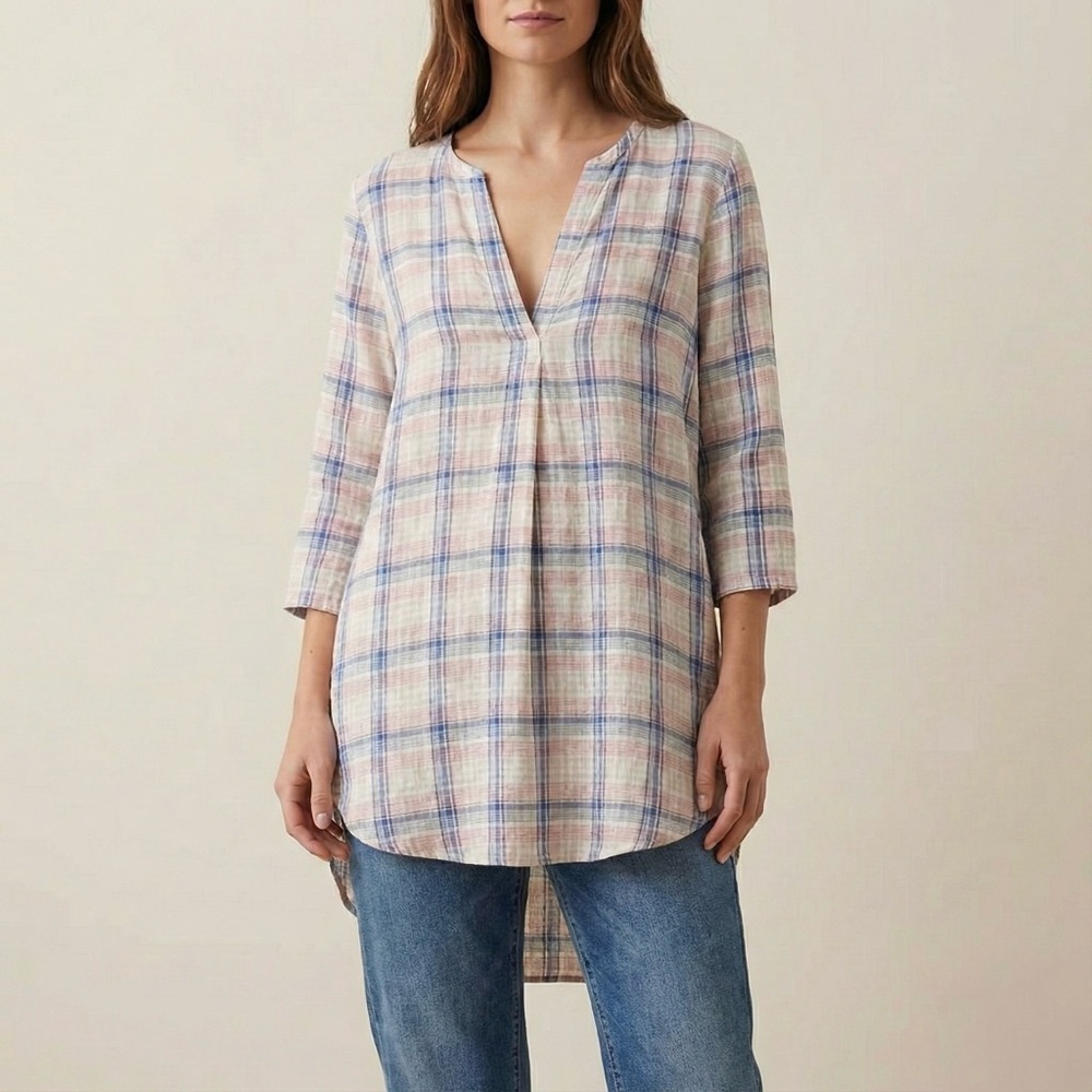 CP Shades Pastel Plaid Linen Split Neck Long Tunic Top Size XS - Picture 2 of 9